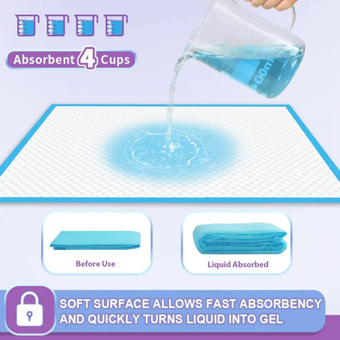 Demonstration of water being poured onto a dog training pad to show its 4-cup absorption and liquid-to-gel conversion.