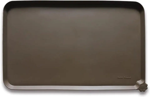 Coffee dark brown premium silicone pet food mat with debossed Hoki Found logo.