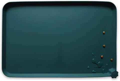 Dark Cedar charcoal black silicone dog bowl mat with water droplets and pet kibble.