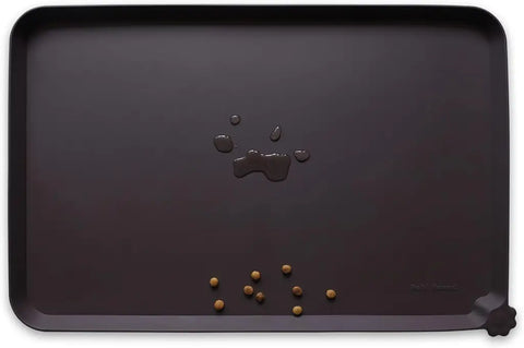 Dark Oak rich brown silicone pet placemat with water droplets and dry kibble.