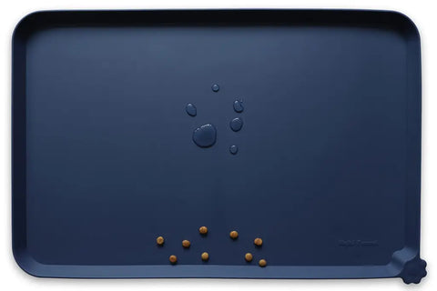 French Navy deep blue silicone pet feeding mat displaying water drops and kibble.
