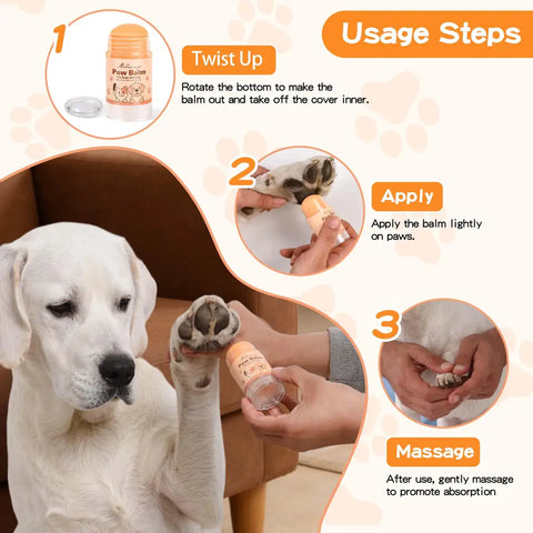 Step-by-step instructions on how to twist up, apply, and massage moisturizing paw balm onto a dog's paws.