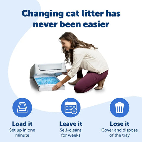 Step-by-step guide to load, leave, and lose the ScoopFree self-cleaning litter tray system.