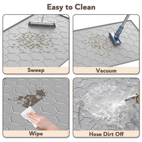 Four easy ways to clean a silicone cat litter mat: sweep, vacuum, wipe, and hose off