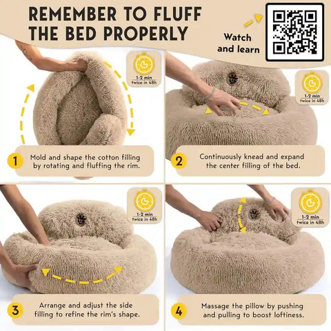 Step-by-step guide on how to fluff and restore shape to a plush donut pet bed