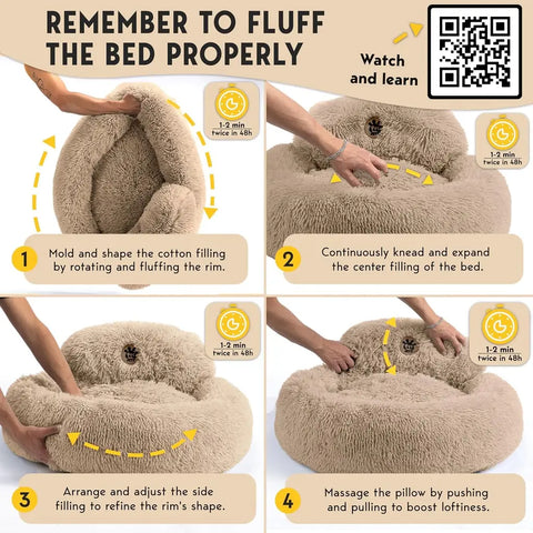 Step-by-step guide on how to fluff and restore shape to a plush donut pet bed