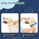 Step-by-step visual guide demonstrating how to measure a dog's neck circumference and snout distance using a soft measuring tape.