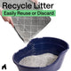 Person bending grey cat litter mat to pour trapped litter back into the blue cat litter box