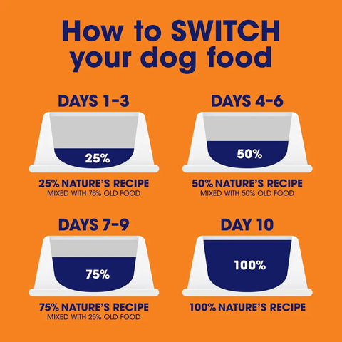 Infographic step-by-step guide on how to transition and switch your dog food over 10 days using a mixing ratio chart.