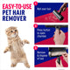 Step-by-step instruction guide showing how to roll, open, and clean pet hair with the ChomChom Roller.