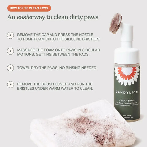 Four-step instructions on how to use Dandylion Clean Paws to easily clean dirty dog paws, displayed next to a dirty towel.