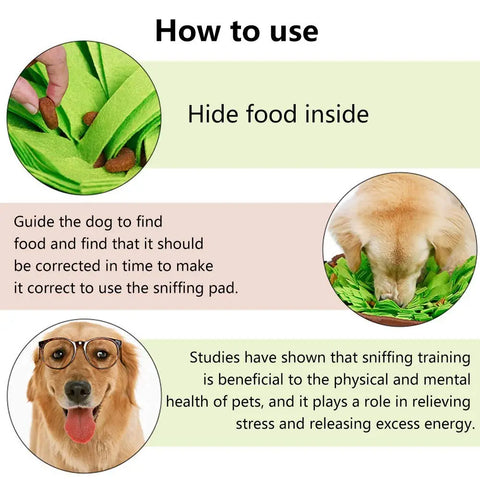 Infographic showing how to use a dog snuffle mat for mental stimulation, stress relief, and scent training.