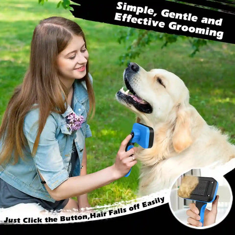 A four-step instructional graphic showing how to extend bristles, groom a dog, retract bristles, and wipe away fur.