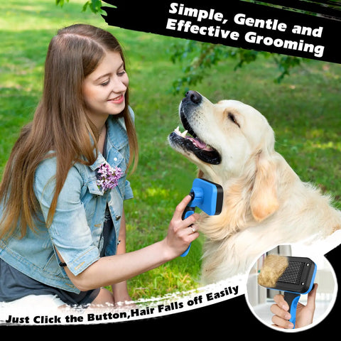 A four-step instructional graphic showing how to extend bristles, groom a dog, retract bristles, and wipe away fur.