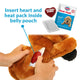 Instructional view showing how to insert the pulsing heart and heat pack inside the Snuggle Puppy plush belly pouch.