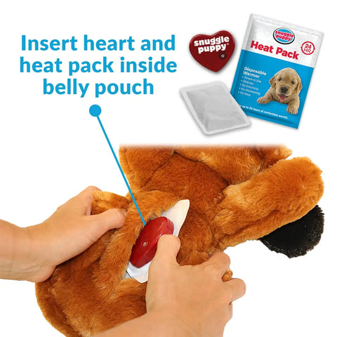 Instructional view showing how to insert the pulsing heart and heat pack inside the Snuggle Puppy plush belly pouch.