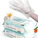 IMMHABI unscented pet glove wipes 2 pack with a hand wearing the textured grooming glove on a clean white background