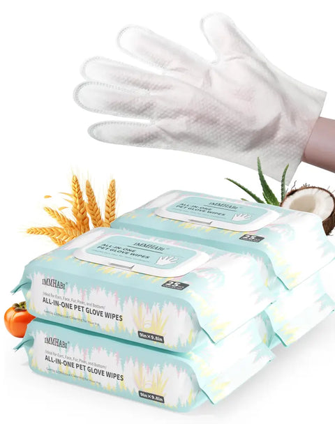 IMMHABI all in one pet glove wipes stack of three 25 count packs with a wearable grooming glove and natural ingredients graphics