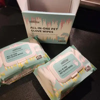 Two packs of Immhabi All-in-One Pet Glove Wipes with their retail box display on a countertop, customer unboxing photo.