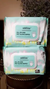 A stacked vertical pair of Immhabi unscented pet glove wipes 25-packs, shared by a customer for product verification.