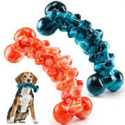 Two bone-shaped indestructible dog chew toys in blue and orange for aggressive chewers.