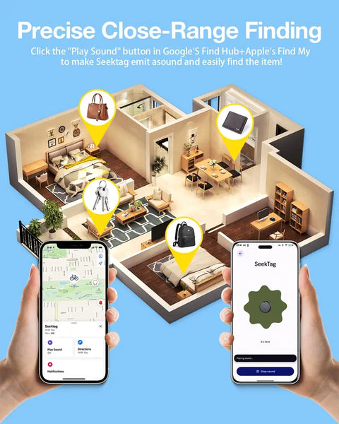 3D floor plan visualization showing the SeekTag app locating items like keys, bags, and wallets inside a home.