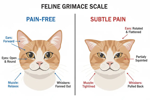 Infographic comparing a cat's relaxed face versus a painful face according to the Feline Grimace Scale, highlighting changes in ear position, eye squinting, muzzle tension, and whisker alignment.