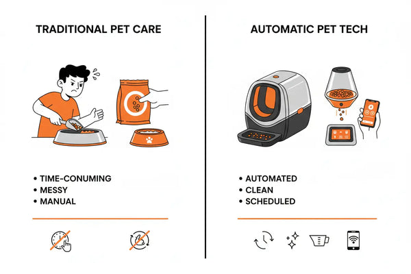 Infographic comparing traditional pet care versus automatic pet tech showing benefits of self-cleaning litter boxes and smart feeders