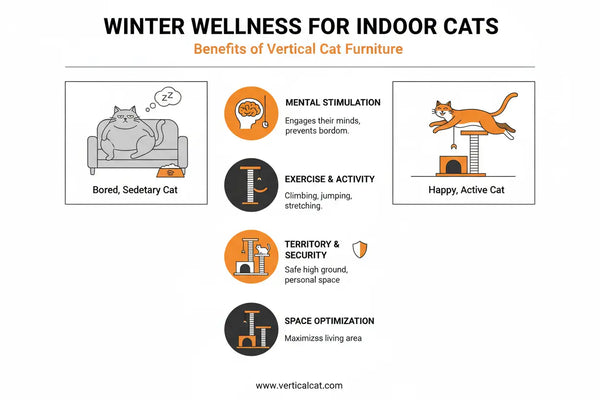 Infographic explaining benefits of vertical cat furniture for indoor winter living: mental stimulation, exercise, security, and space-saving design