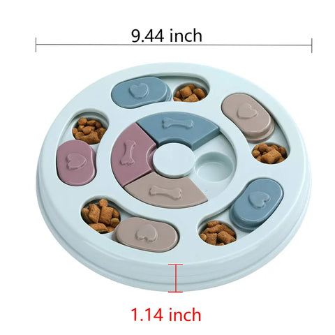 9.44 inch diameter interactive dog puzzle toy with sliding treat compartments for mental stimulation.