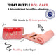 Infographic showing a strawberry roll cake treat puzzle toy unrolled with 10 inner pockets for dogs to sniff out treats.