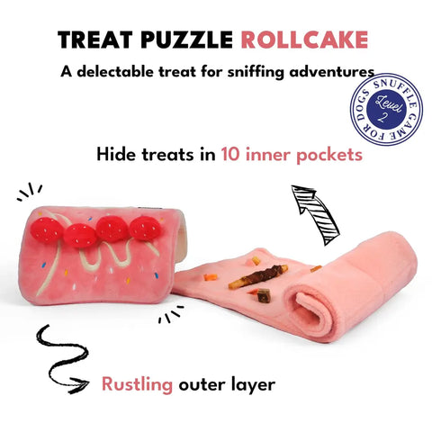 Infographic showing a strawberry roll cake treat puzzle toy unrolled with 10 inner pockets for dogs to sniff out treats.