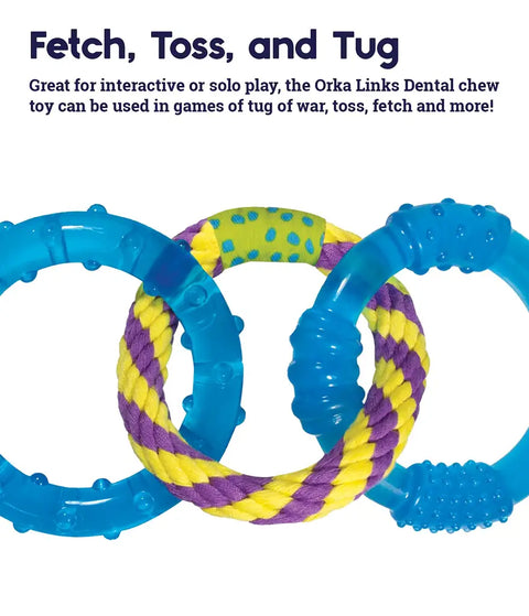 Close-up of the interlocking rope and rubber rings of the Orka Links toy for fetch and tug games.