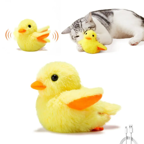 Flapping plush yellow duckling cat toy with USB charging cable