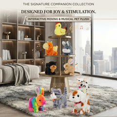 A collection of electronic walking plush animal toys for kids, including a dog, cat, bunny, and dinosaur.