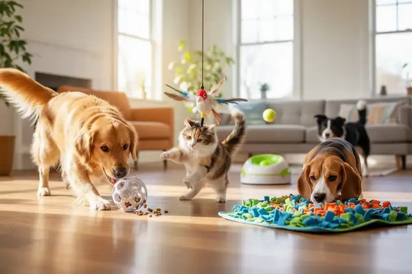 Dog intently working on a puzzle toy, nose close to the pieces, demonstrating focus