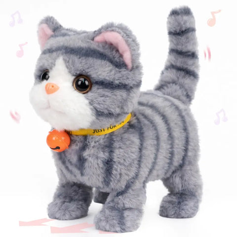 Grey and white striped tabby cat electronic plush toy with an orange collar and bell