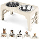 Beige elevated dog bowl stand showing height versatility for different breeds like Beagles and Labradors.