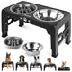 Jovrun black elevated dog bowl stand with one stainless steel bowl and one grey slow feeder bowl.