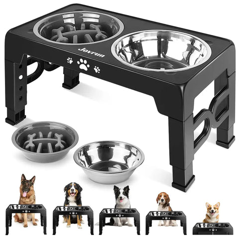 Jovrun black elevated dog bowl stand with one stainless steel bowl and one grey slow feeder bowl.