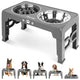 Grey elevated pet feeder station with dual bowls and adjustable height legs for growing dogs.