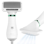 Front view of Kuubia 2-in-1 pet hair dryer and slicker brush with dual speed switch and airflow visualization.