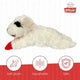 Infographic of Lamb Chop dog toy highlighting soft plush, squishable texture, and safe materials.