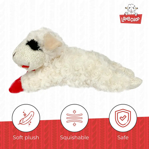 Infographic of Lamb Chop dog toy highlighting soft plush, squishable texture, and safe materials.