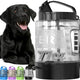 Large 77oz clear dog water bottle and travel jug with measurement lines next to a black dog