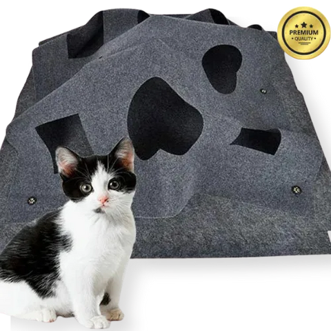 Large blanket cat house with multiple holes for hide-and-seek play.
