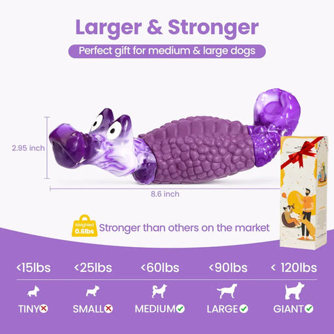 Size and weight specifications for a 8.6-inch heavy-duty dog toy suitable for medium, large, and giant breeds up to 120lbs.