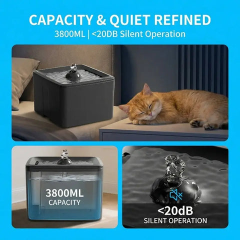 Large 3800ml capacity pet water fountain featuring ultra-quiet operation under 20 decibels beside a sleeping cat.