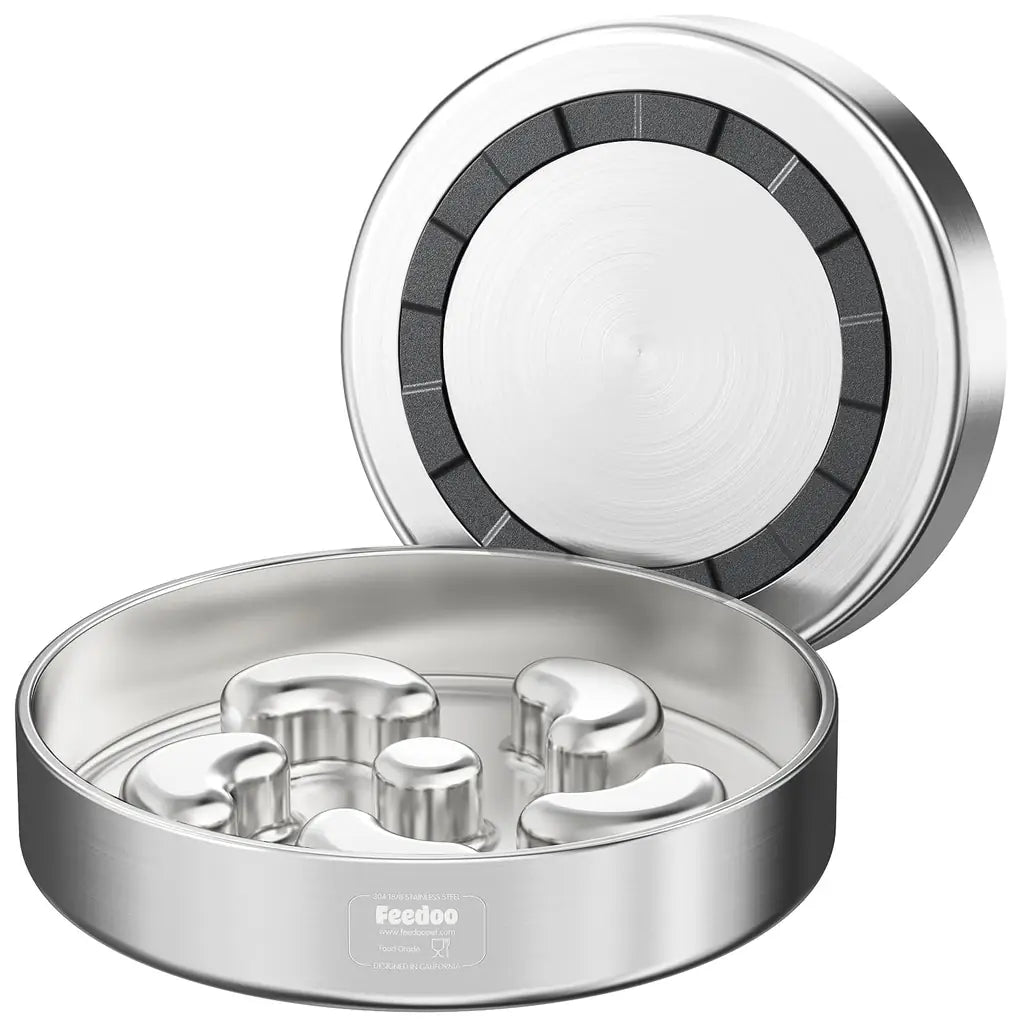 Empty large Feedoo slow feeder metal dog bowl showing the internal slow-eating protrusions