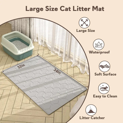 Large 22 by 34 inch waterproof silicone cat litter mat dimensions and feature icons